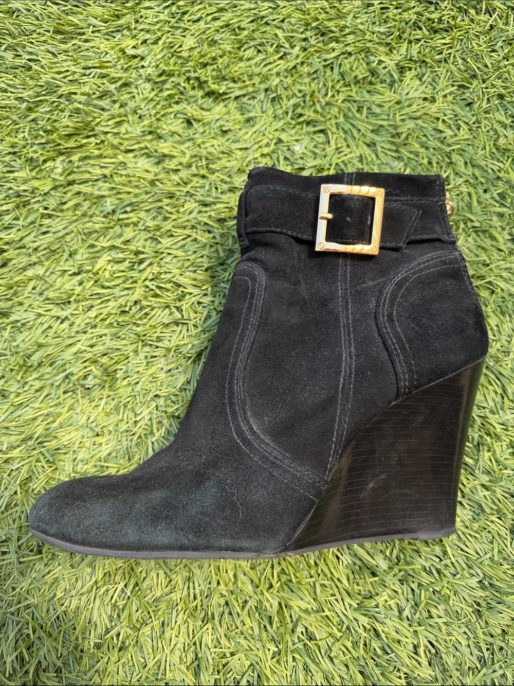 Tory Burch Black Suede Wedge Ankle Booties with Gold Buckle - Picture 2 of 5